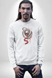 Beyaz Ve Kırmızı Yılan Kadın Erkek  Beyaz Baskılı Sweatshirt 