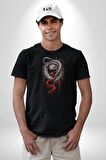 Siyah Ve Kırmızı Yılan Kadın Erkek Unisex Siyah Organik Baskılı T-Shirt Penye Yüksek Kalite