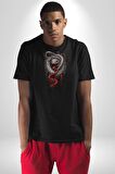 Siyah Ve Kırmızı Yılan Kadın Erkek Unisex Siyah Organik Baskılı T-Shirt Penye Yüksek Kalite
