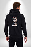 Sevimli Beyaz Gri Köpek Kadın Erkek Siyah Renk Kapüşonlu Kanguru Cepli  Fermuarlı Pamuklu Oversize Dijital Baskılı Hırka Sweatshirt
