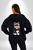 Sevimli Beyaz Gri Köpek Kadın Erkek Siyah Renk Kapüşonlu Kanguru Cepli  Fermuarlı Pamuklu Oversize Dijital Baskılı Hırka Sweatshirt