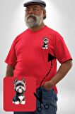 Sevimli Beyaz Gri Köpek Kırmızı Büyük Beden Kadın Basic Minimal Baskılı Tişört