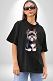 Sevimli Beyaz Gri Köpek Pamuklu Bisiklet Yaka Kadın Erkek Oversize Boyfriend Dijital Baskılı Siyah T-shirt
