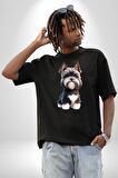 Sevimli Beyaz Gri Köpek Pamuklu Bisiklet Yaka Kadın Erkek Oversize Boyfriend Dijital Baskılı Siyah T-shirt