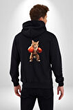 Boks Yapan Kedi Kadın Erkek Siyah Renk Kapüşonlu Kanguru Cepli  Fermuarlı Pamuklu Oversize Dijital Baskılı Hırka Sweatshirt