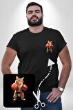 Boks Yapan Kedi Siyah Büyük Beden Kadın Basic Minimal Baskılı Tişört