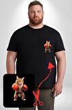 Boks Yapan Kedi Siyah Büyük Beden Kadın Basic Minimal Baskılı Tişört