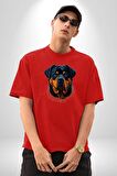 Rottweiler Koca Kafa Pamuklu Bisiklet Yaka Kadın Erkek Oversize Boyfriend Dijital Baskılı Kırmızı T-Shirt