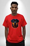 Rottweiler Koca Kafa Pamuklu Bisiklet Yaka Kadın Erkek Oversize Boyfriend Dijital Baskılı Kırmızı T-Shirt
