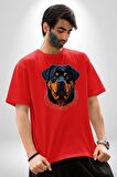 Rottweiler Koca Kafa Pamuklu Bisiklet Yaka Kadın Erkek Oversize Boyfriend Dijital Baskılı Kırmızı T-Shirt