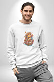Renkli Kurukafa Hippi  Kadın Erkek  Beyaz Baskılı Sweatshirt 