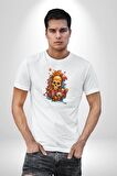 Renkli Kurukafa Hippi  Kadın Erkek Unisex Beyaz Organik Baskılı T-Shirt Penye Yüksek Kalite