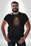 Renkli Kurukafa Hippi  Kadın Erkek Unisex Siyah Organik Baskılı T-Shirt Penye Yüksek Kalite