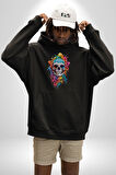 Renkli Kurukafa Kadın Erkek  Siyah Kapüşonlu Sweatshirt Hoodie