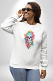 Renkli Kurukafa Kadın Erkek  Beyaz Baskılı Sweatshirt 