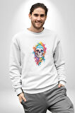 Renkli Kurukafa Kadın Erkek  Beyaz Baskılı Sweatshirt 