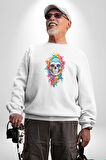 Renkli Kurukafa Kadın Erkek  Beyaz Baskılı Sweatshirt 