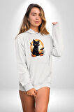 Cadılar Bayramı Kedi Kadın Erkek  Beyaz Kapüşonlu Sweatshirt Hoodie