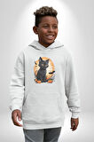 Cadılar Bayramı Kedi Kadın Erkek  Beyaz Kapüşonlu Sweatshirt Hoodie