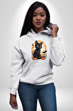 Cadılar Bayramı Kedi Kadın Erkek  Beyaz Kapüşonlu Sweatshirt Hoodie