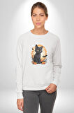 Cadılar Bayramı Kedi Kadın Erkek  Beyaz Baskılı Sweatshirt 