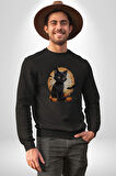 Cadılar Bayramı Kedi Kadın Erkek  Siyah Baskılı Sweatshirt 
