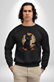 Cadılar Bayramı Kedi Kadın Erkek  Siyah Baskılı Sweatshirt 