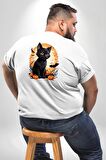 Cadılar Bayramı Kedi Büyük Beden Beyaz Tişört Kadın Erkek Ünisex Sırt Baskılı