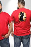 Cadılar Bayramı Kedi Büyük Beden Kırmızı Tişört Kadın Erkek Ünisex Sırt Baskılı