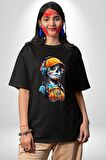 Robot Kız Müzik Kulaklık Şapka Pamuklu Bisiklet Yaka Kadın Erkek Oversize Boyfriend Dijital Baskılı Siyah T-shirt