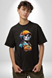 Robot Kız Müzik Kulaklık Şapka Pamuklu Bisiklet Yaka Kadın Erkek Oversize Boyfriend Dijital Baskılı Siyah T-shirt