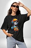 Robot Kız Müzik Kulaklık Şapka Pamuklu Bisiklet Yaka Kadın Erkek Oversize Boyfriend Dijital Baskılı Siyah T-shirt