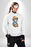 Robot Kız Müzik Kulaklık Şapka Kadın Erkek  Beyaz Baskılı Sweatshirt 