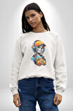 Robot Kız Müzik Kulaklık Şapka Kadın Erkek  Beyaz Baskılı Sweatshirt 