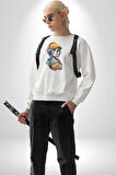Robot Kız Müzik Kulaklık Şapka Kadın Erkek  Beyaz Baskılı Sweatshirt 