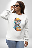 Robot Kız Müzik Kulaklık Şapka Kadın Erkek  Beyaz Baskılı Sweatshirt 
