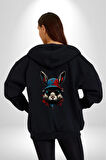 Müzik Şapka Gözlük Takan Tavşan Kadın Erkek Siyah Renk Kapüşonlu Kanguru Cepli  Fermuarlı Pamuklu Oversize Dijital Baskılı Hırka Sweatshirt