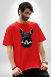 Müzik Şapka Gözlük Takan Tavşan Pamuklu Bisiklet Yaka Kadın Erkek Oversize Boyfriend Dijital Baskılı Kırmızı T-Shirt