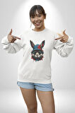 Müzik Şapka Gözlük Takan Tavşan Kadın Erkek  Beyaz Baskılı Sweatshirt 