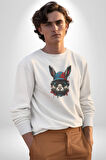 Müzik Şapka Gözlük Takan Tavşan Kadın Erkek  Beyaz Baskılı Sweatshirt 