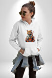 Suşi Balık Çiçek Japon Kedi  Kadın Erkek  Beyaz Kapüşonlu Sweatshirt Hoodie