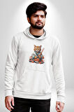 Suşi Balık Çiçek Japon Kedi  Kadın Erkek  Beyaz Kapüşonlu Sweatshirt Hoodie