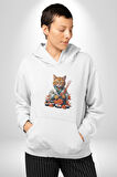 Suşi Balık Çiçek Japon Kedi  Kadın Erkek  Beyaz Kapüşonlu Sweatshirt Hoodie