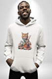 Suşi Balık Çiçek Japon Kedi  Kadın Erkek  Beyaz Kapüşonlu Sweatshirt Hoodie