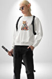 Suşi Balık Çiçek Japon Kedi  Kadın Erkek  Beyaz Baskılı Sweatshirt 