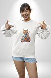 Suşi Balık Çiçek Japon Kedi  Kadın Erkek  Beyaz Baskılı Sweatshirt 