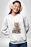 Suşi Balık Çiçek Japon Kedi  Kadın Erkek  Beyaz Baskılı Sweatshirt 