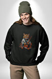 Suşi Balık Çiçek Japon Kedi  Kadın Erkek  Siyah Baskılı Sweatshirt 