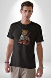 Suşi Balık Çiçek Japon Kedi  Kadın Erkek Unisex Siyah Organik Baskılı T-Shirt Penye Yüksek Kalite