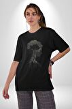 Toprak Köksalmış Ağaç Kadın  Pamuklu Bisiklet Yaka Kadın Erkek Oversize Boyfriend Dijital Baskılı Siyah T-shirt
